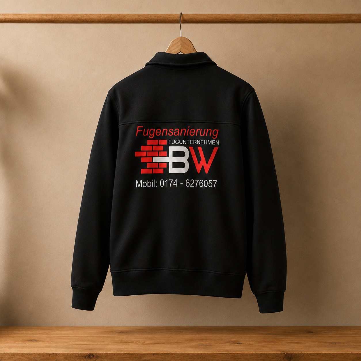 Bedruckte schwarze Arbeitsjacke mit Firmenlogo