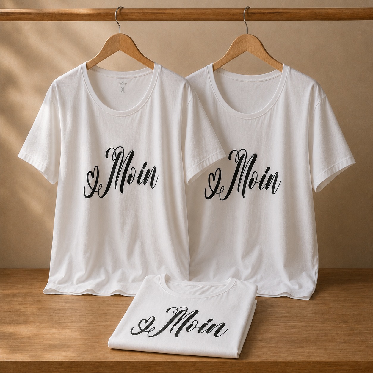 Weiße Moin-Shirts mit schwarzem Schriftzug