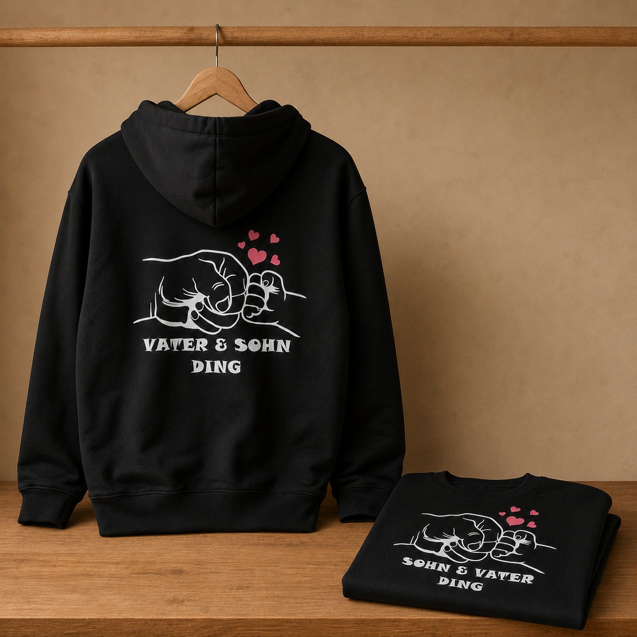 Schwarze Vater-Sohn-Textilien mit Herzmotiv