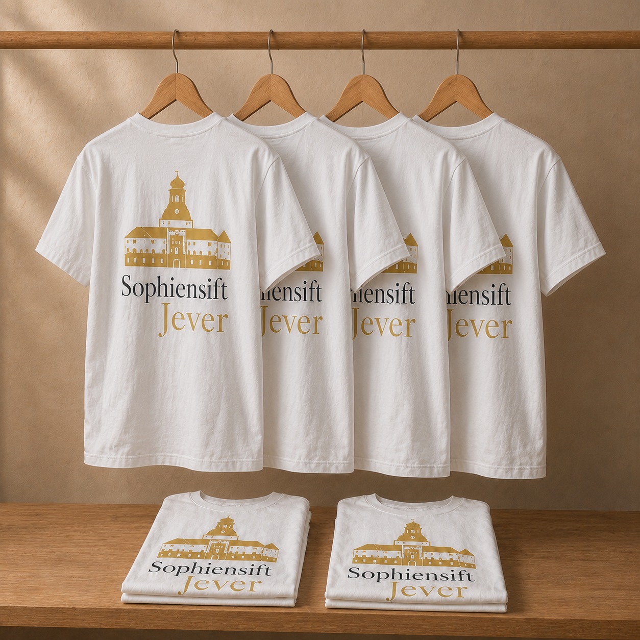 Weiße Teamshirts mit goldenem Jever-Motiv